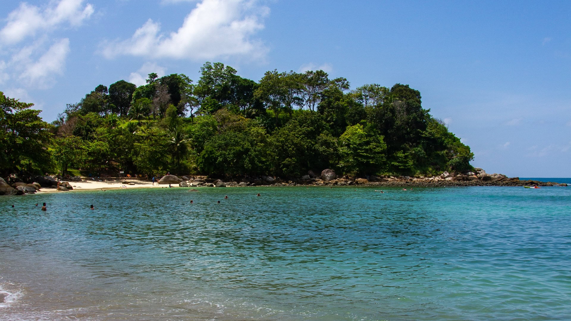 Paradise Beach Phuket open view across calm sea toward distant hills