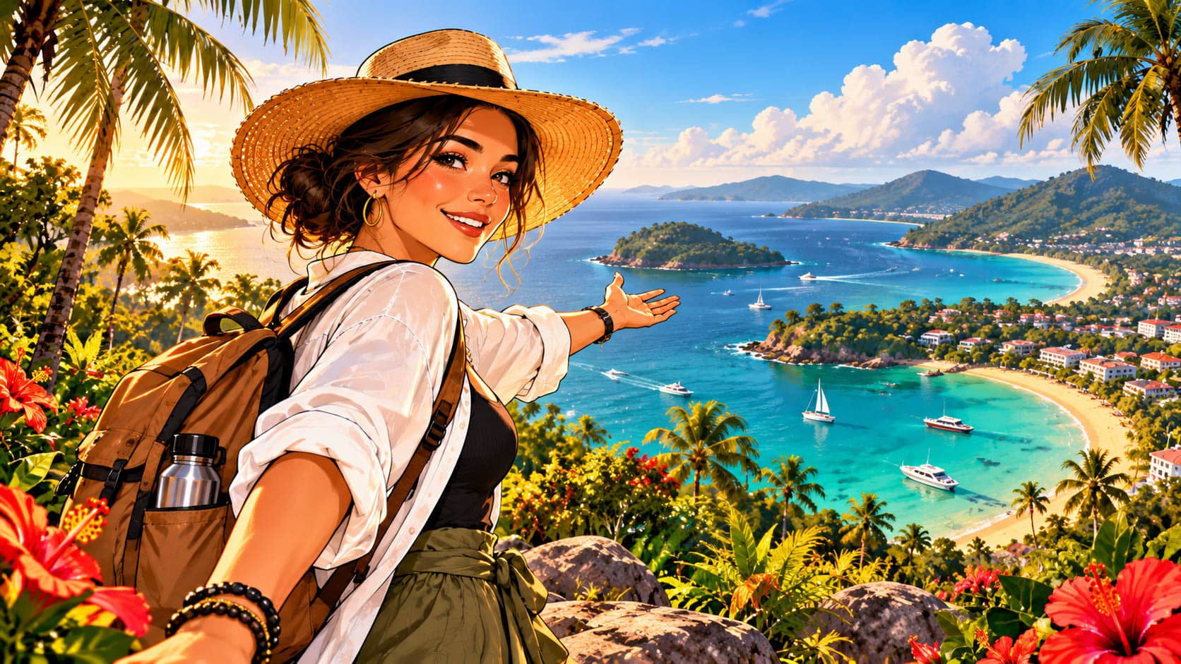 Overlooking Phuket’s tropical coastline, beaches and turquoise bays in a colourful travel illustration.
