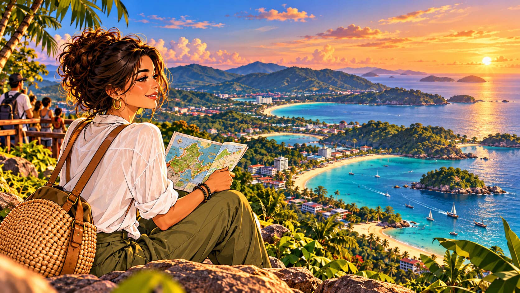 Maya looking at a Phuket map while choosing where to stay during her visit
