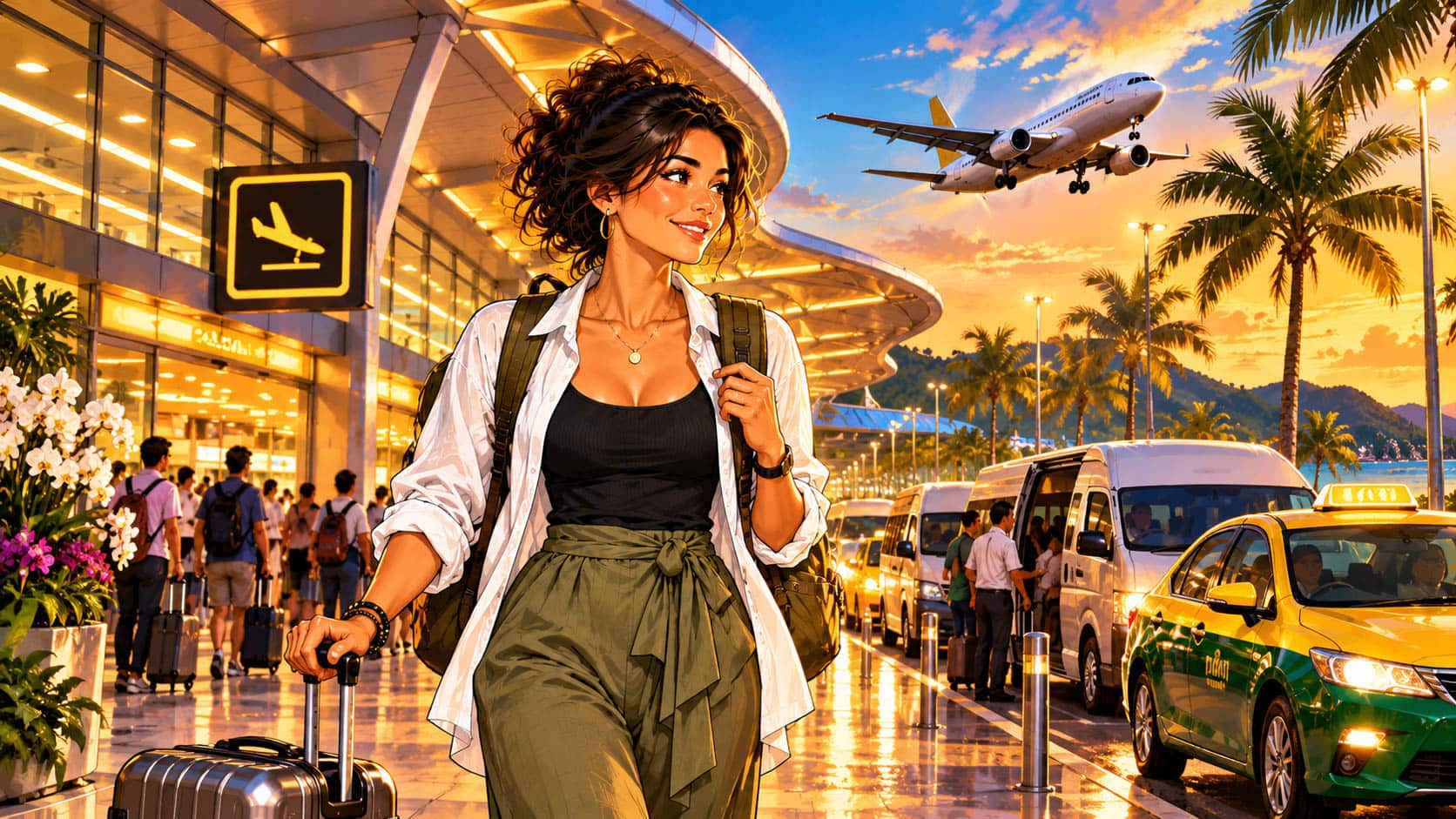Maya arriving at Phuket Airport with her luggage beside the taxi and minibus pick-up area