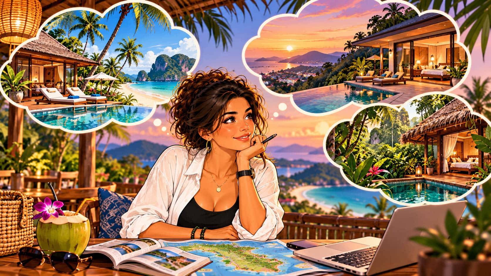 Maya comparing different Phuket accommodation options, from beachside stays to hillside villas