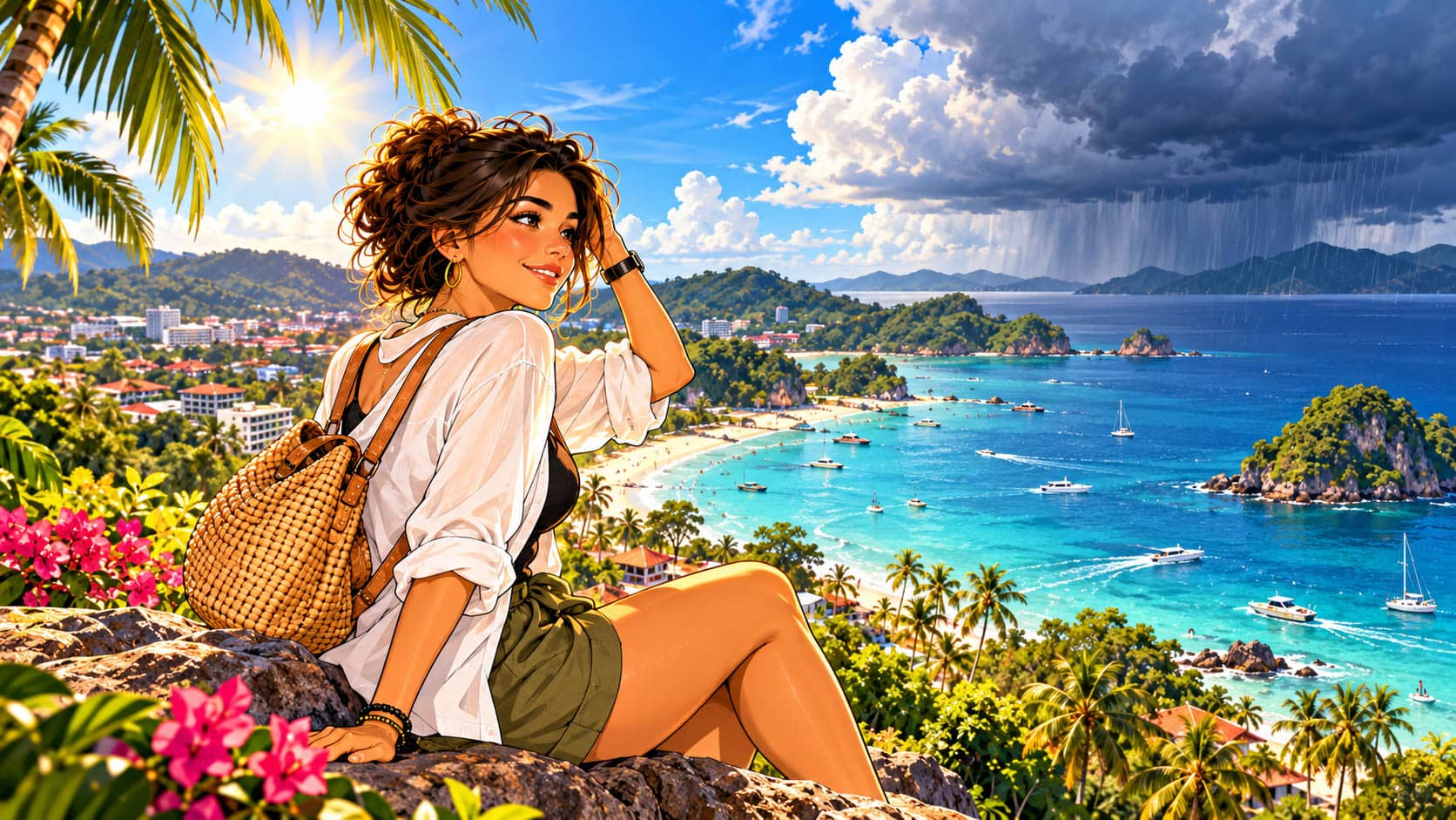 Maya overlooking Phuket with sunny skies on one side and rain clouds on the other