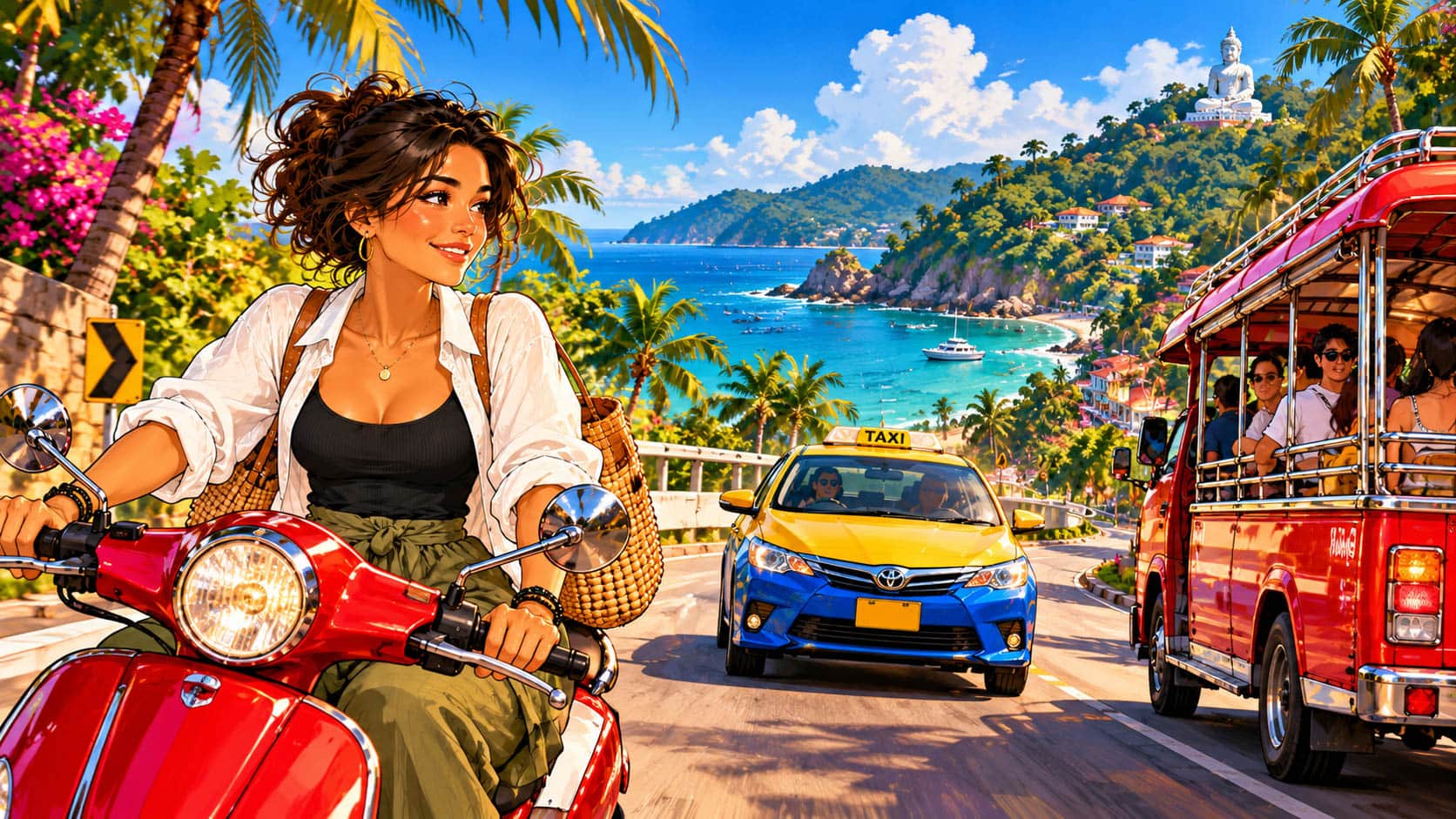 Maya on a scooter with a taxi and local bus on a coastal Phuket road