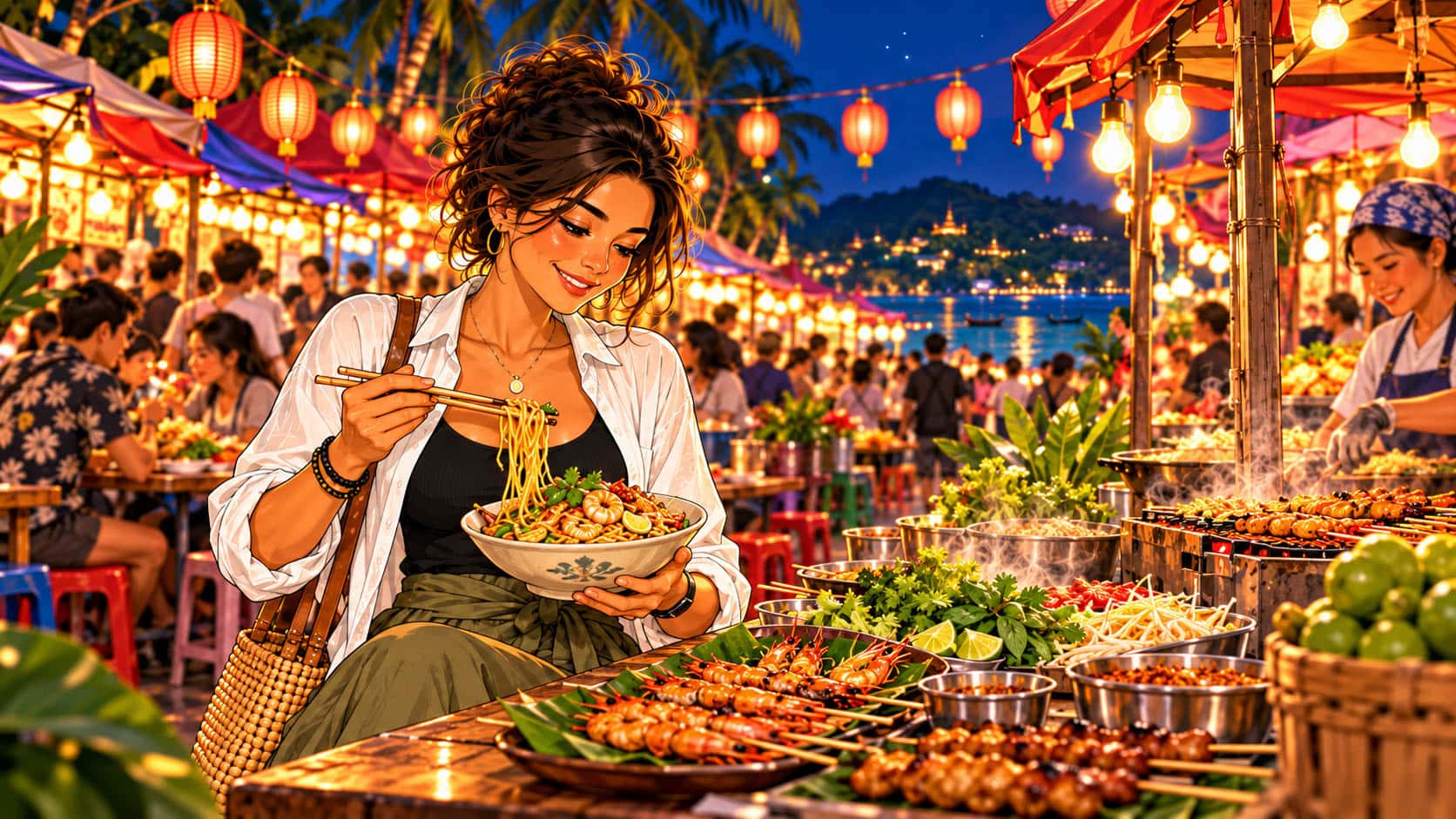 Maya enjoying freshly prepared noodles at a colourful Phuket night food market
