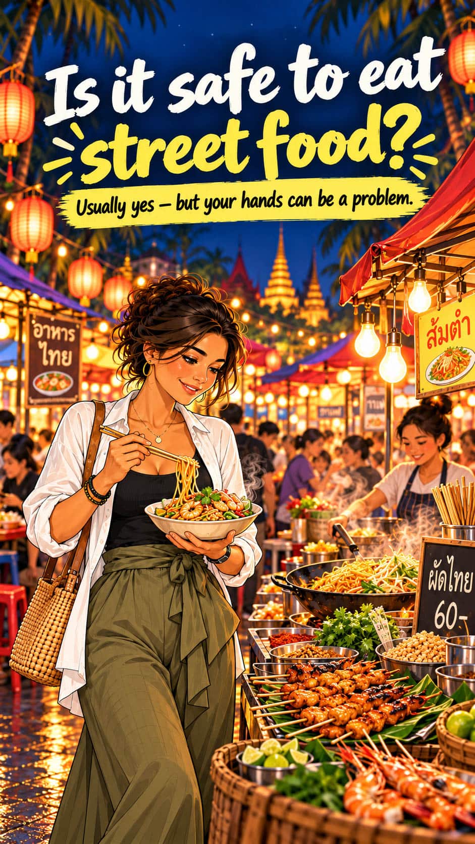 Traveller eating freshly cooked street food at a colourful Phuket night market
