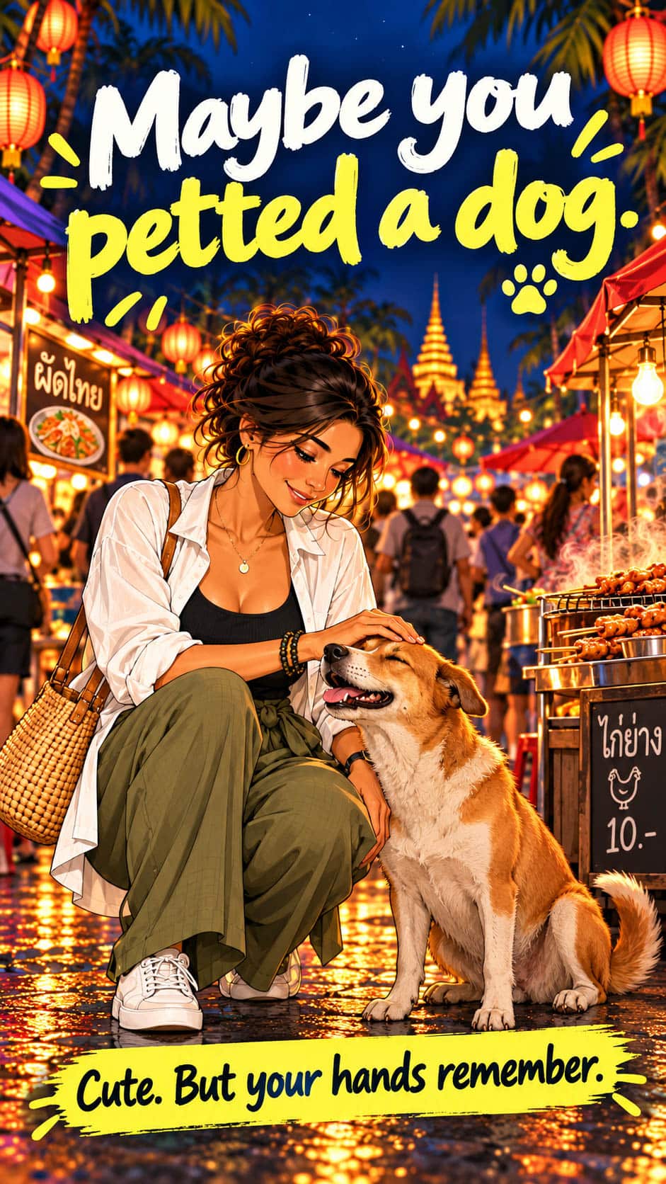 Tourist petting a friendly dog at a Phuket night market