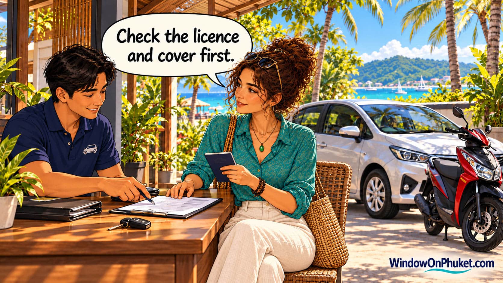 Maya examining a licence booklet and rental paperwork with an agent beside stationary hire vehicles. Speech bubble: Check the licence and cover first.