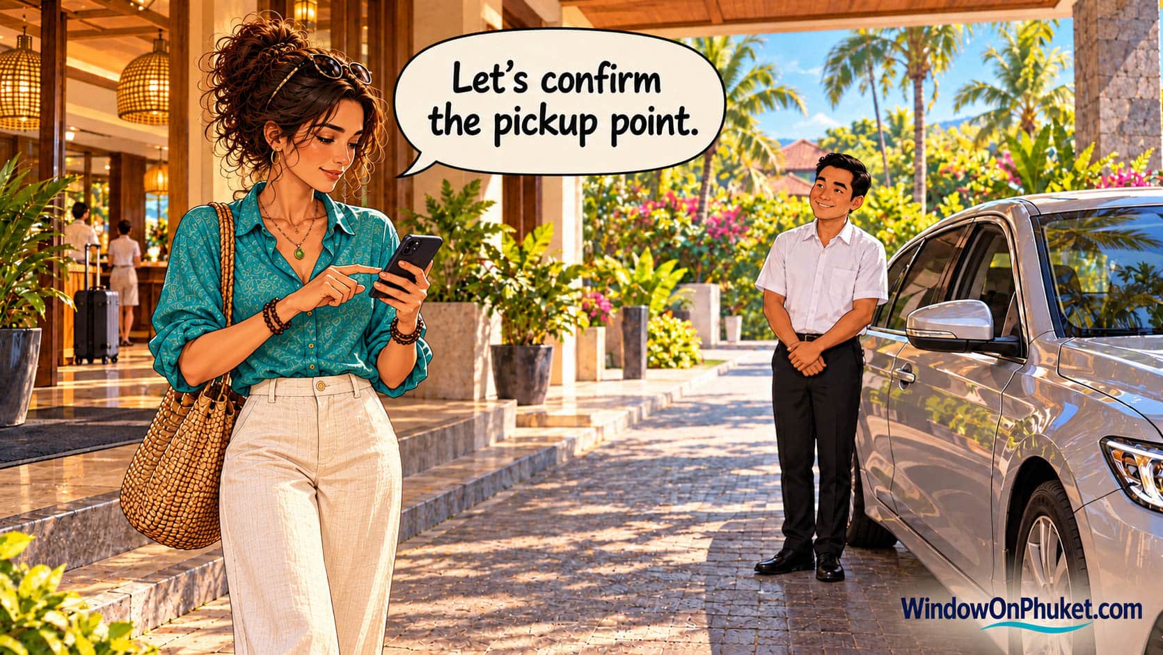 Maya checking a pickup on her phone at a hotel forecourt beside a waiting car and driver. Speech bubble: Let’s confirm the pickup point.