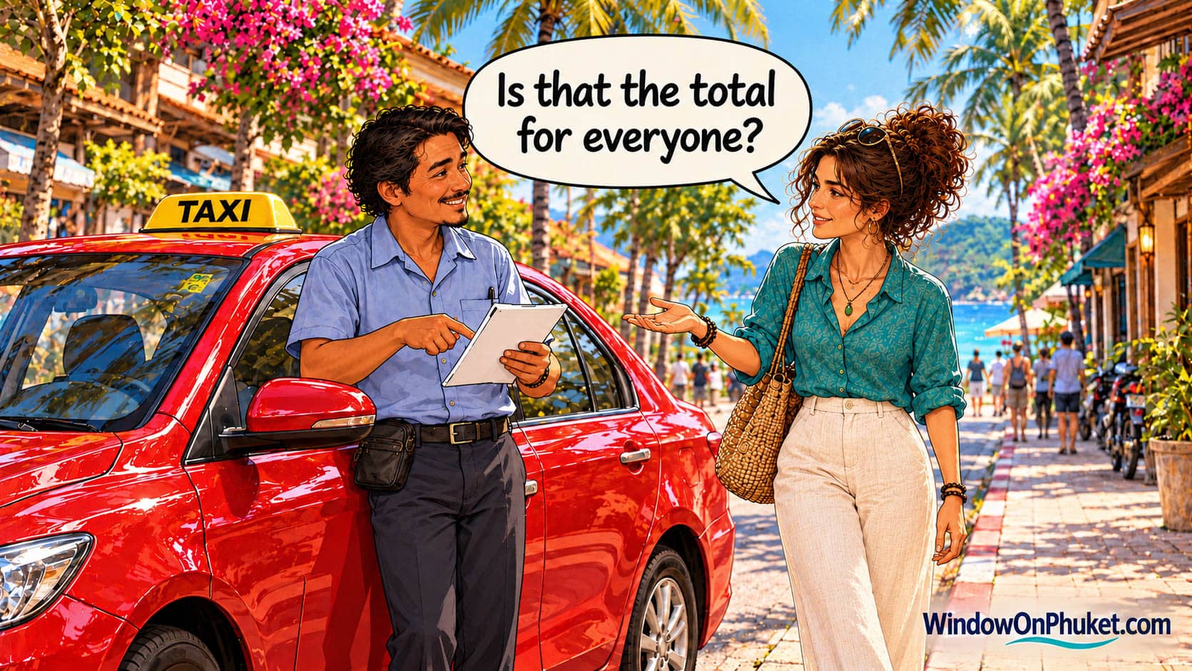 Maya confirming the total journey price with a driver beside a parked red taxi car. Speech bubble: Is that the total for everyone?