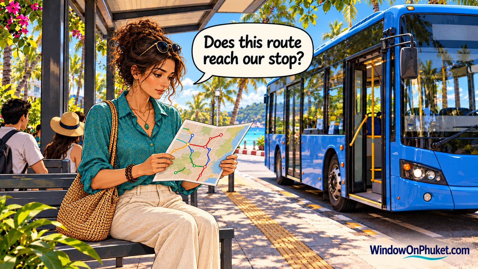 Maya checking an illustrated route diagram at a bus stop beside a parked blue bus. Speech bubble: Does this route reach our stop?