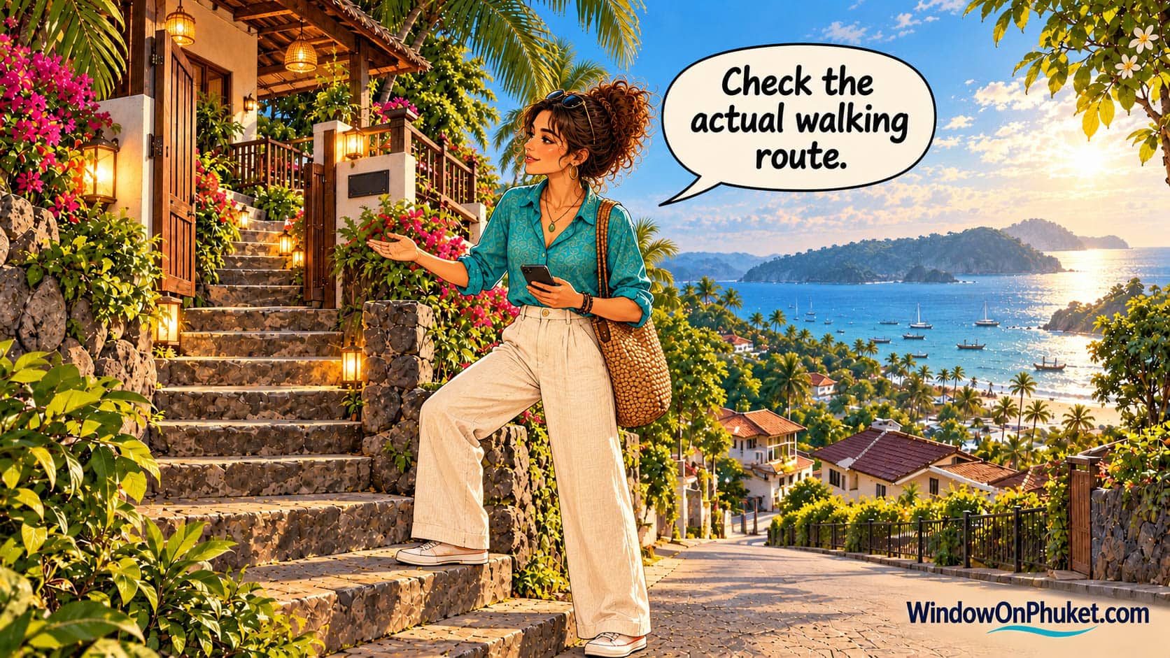 Maya beside an illustrated hillside route with steps. Speech bubble: Check the actual walking route.