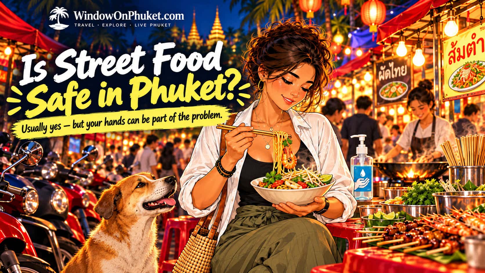 Tourist eating street food at a busy night market in Phuket.